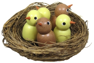 Andreas Kirsche Küken im Nest  (Andreas Kirsche, 010, 211) Erzgebirgische Volkskunst: Sechs Küken (drei braune / drei gelbe) im Nest